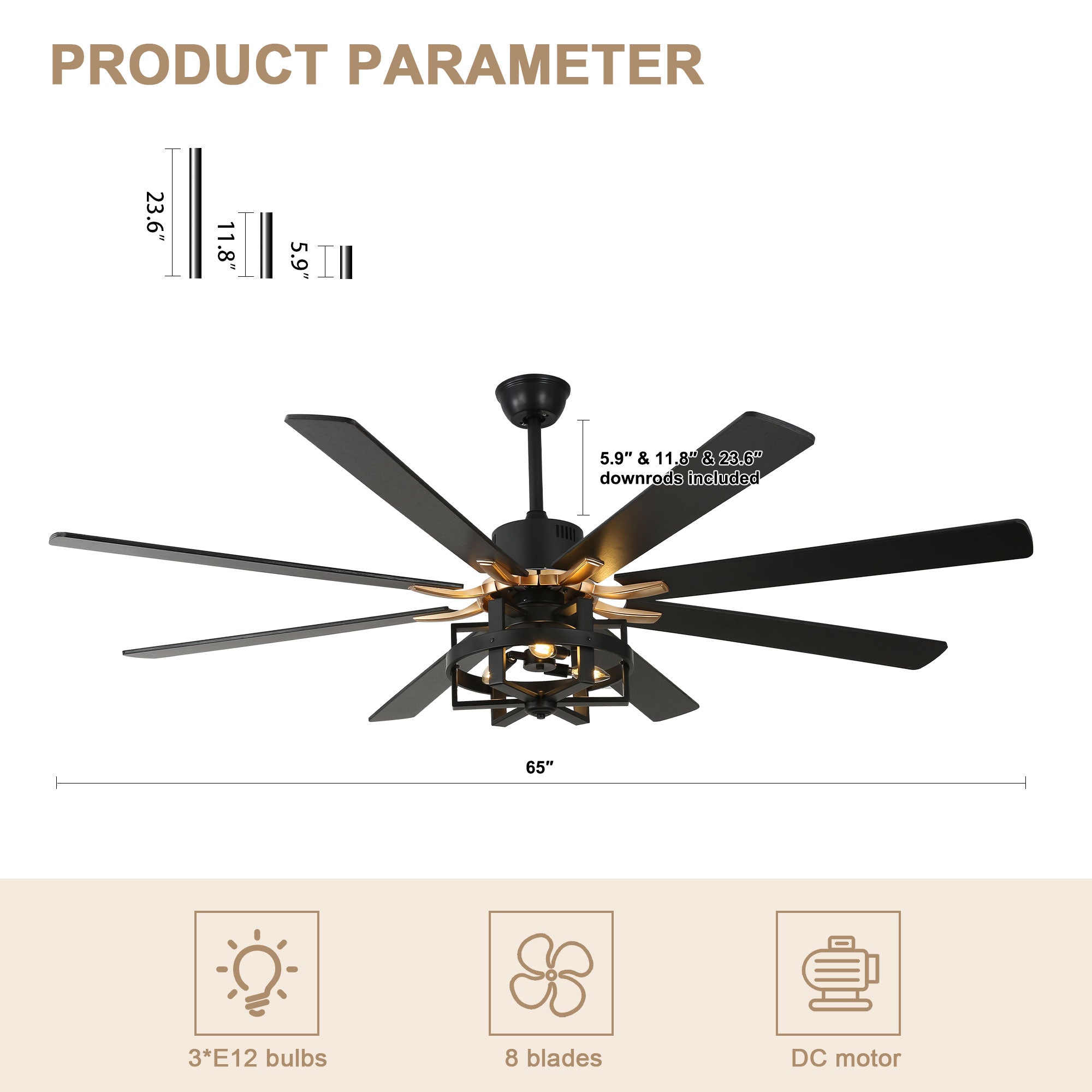 DC6501-BellaDepot 65" 8 Wooden Blades Black/Silver Finish Industrial Caged Reversible Ceiling Fan with Remote and 3 Lights, Large Size 6-speed Ceiling Fan