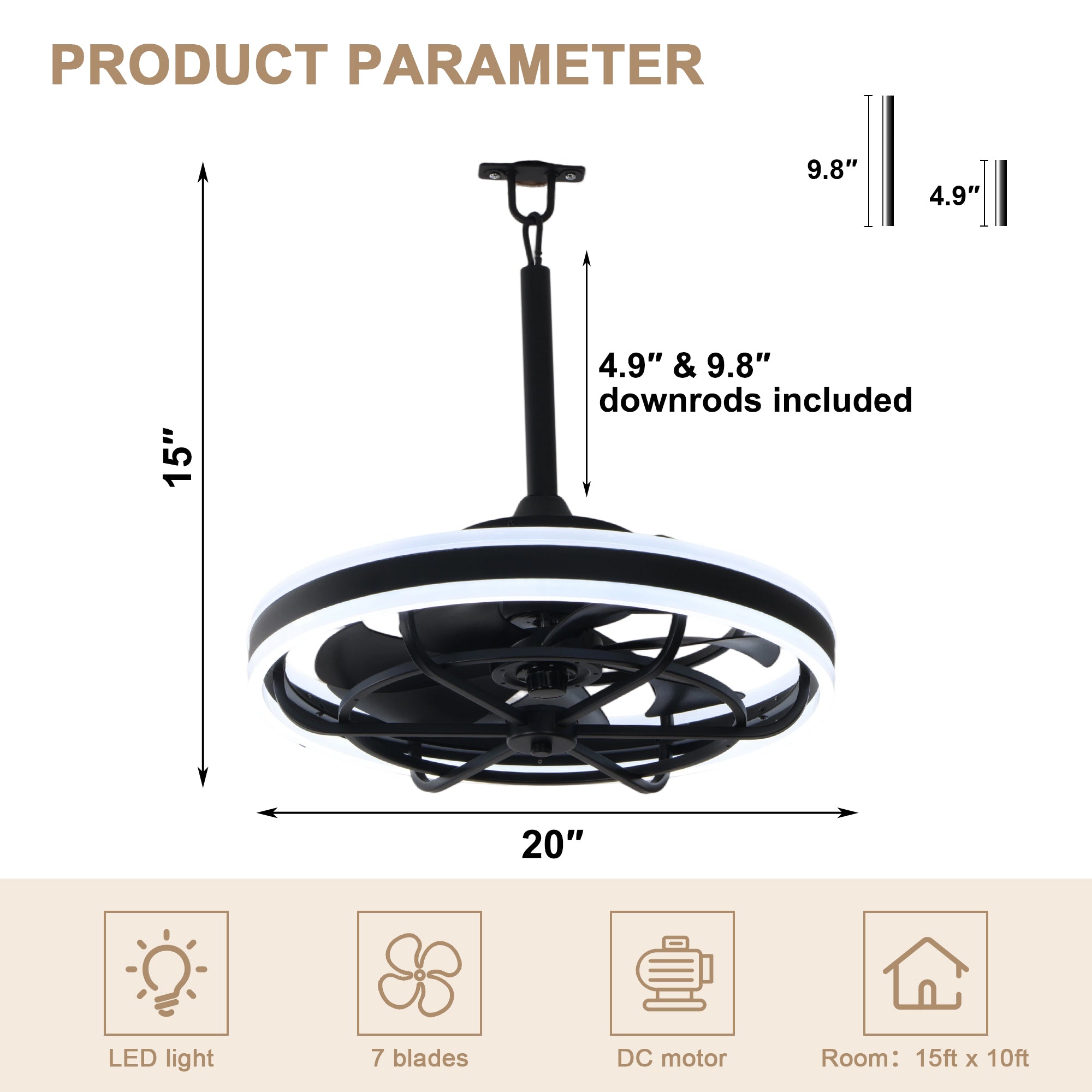 20 Inch Modern Smart Outdoor Caged Ceiling Fan with Dimmable LED Light, DC Motor 6 Speeds Waterproof Plug In Ceiling Fan