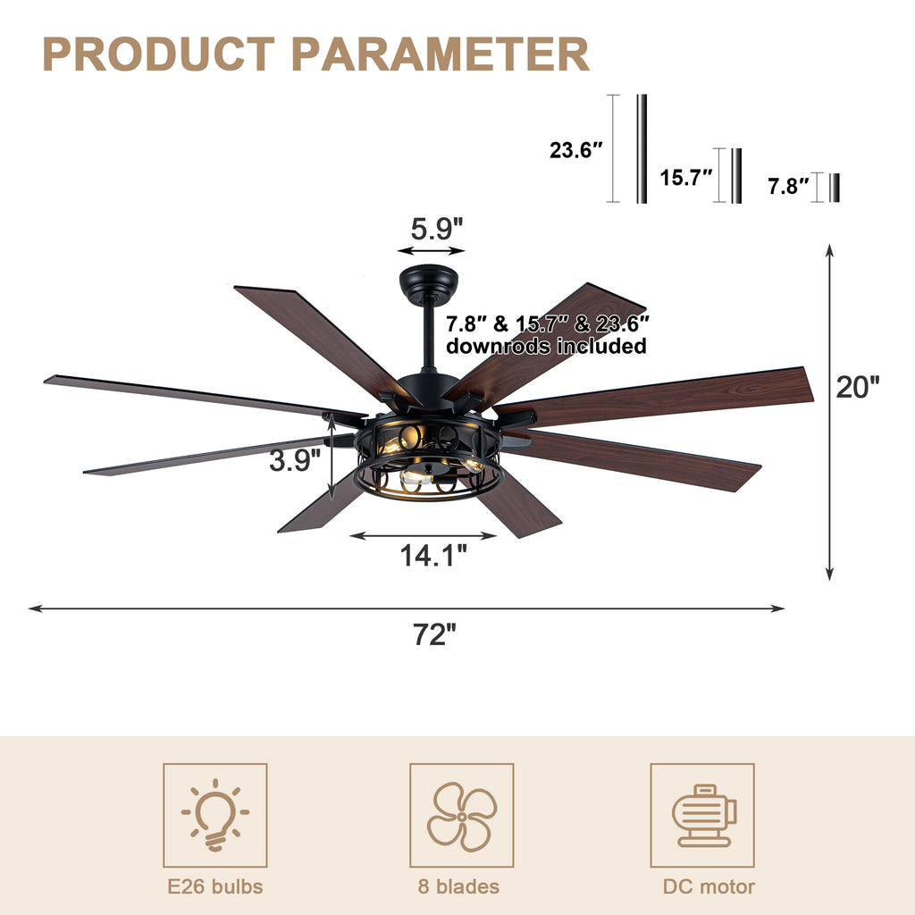 Farmhouse 72 Inch Caged Down Rods Ceiling Fan with Light Reversible Quiet DC Motor 6-Speed Ceiling Fan with Light Retro Remote Control Timming Ceiling Fan with Light Suit for Living Room, Bedroom, Kitchen