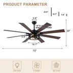 Farmhouse 72 Inch Caged Down Rods Ceiling Fan with Light Reversible Quiet DC Motor 6-Speed Ceiling Fan with Light Retro Remote Control Timming Ceiling Fan with Light Suit for Living Room, Bedroom, Kitchen