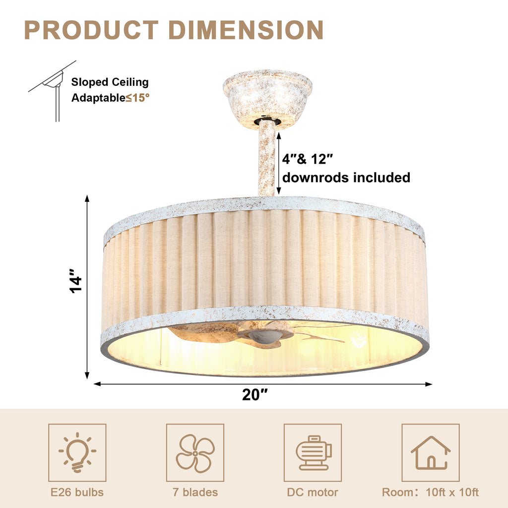20 Inch Vintage Drum Cage Ceiling Fan with Light and Remote, 6-Speed DC Motor Distressed White Bladeless Ceiling Fan for Bedroom