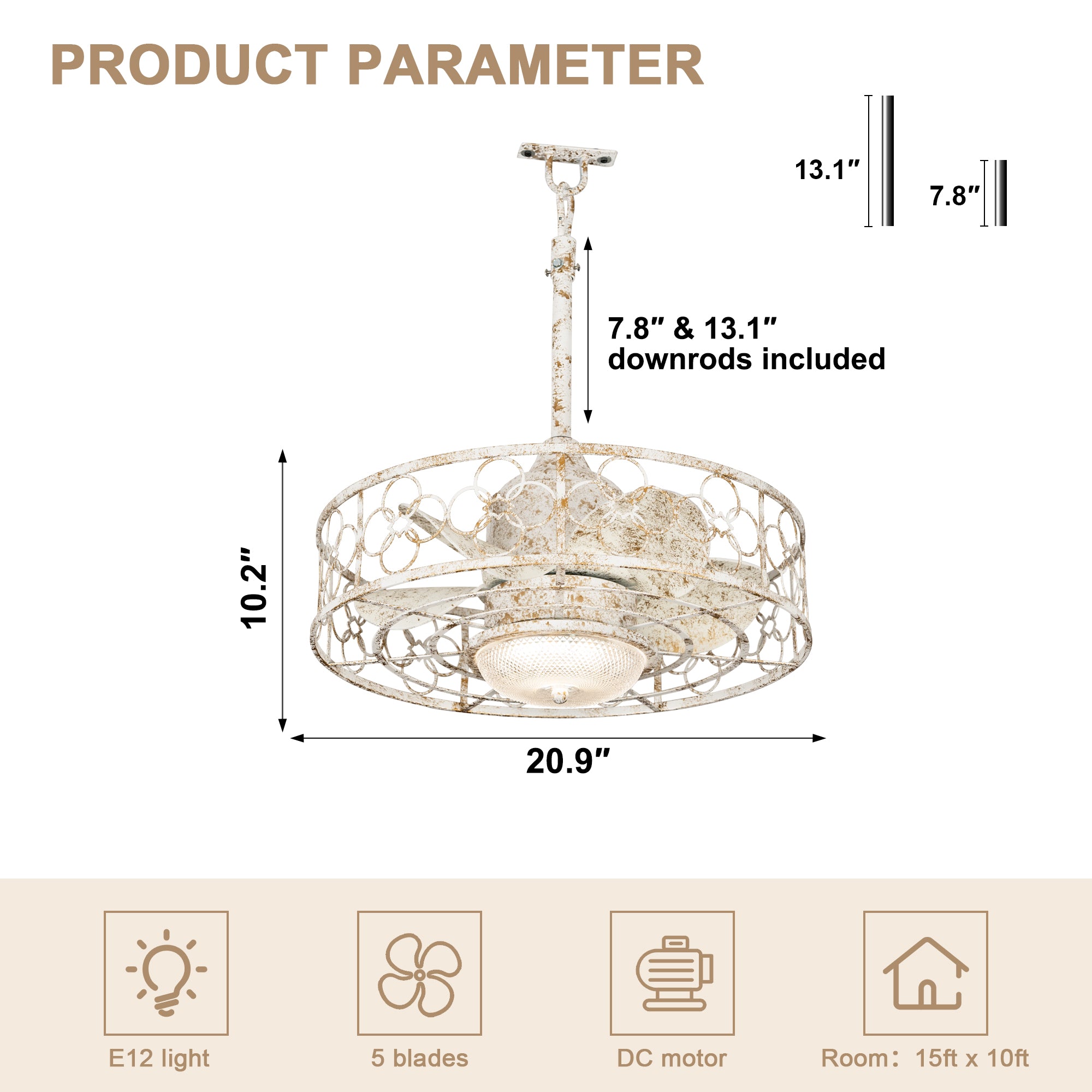 21 Inch Outdoor Waterproof Ceiling Fan with Dimmable LED Light and Remote Control, 6-Speed DC Motor Vintage Distressed White Plug In Ceiling Fan