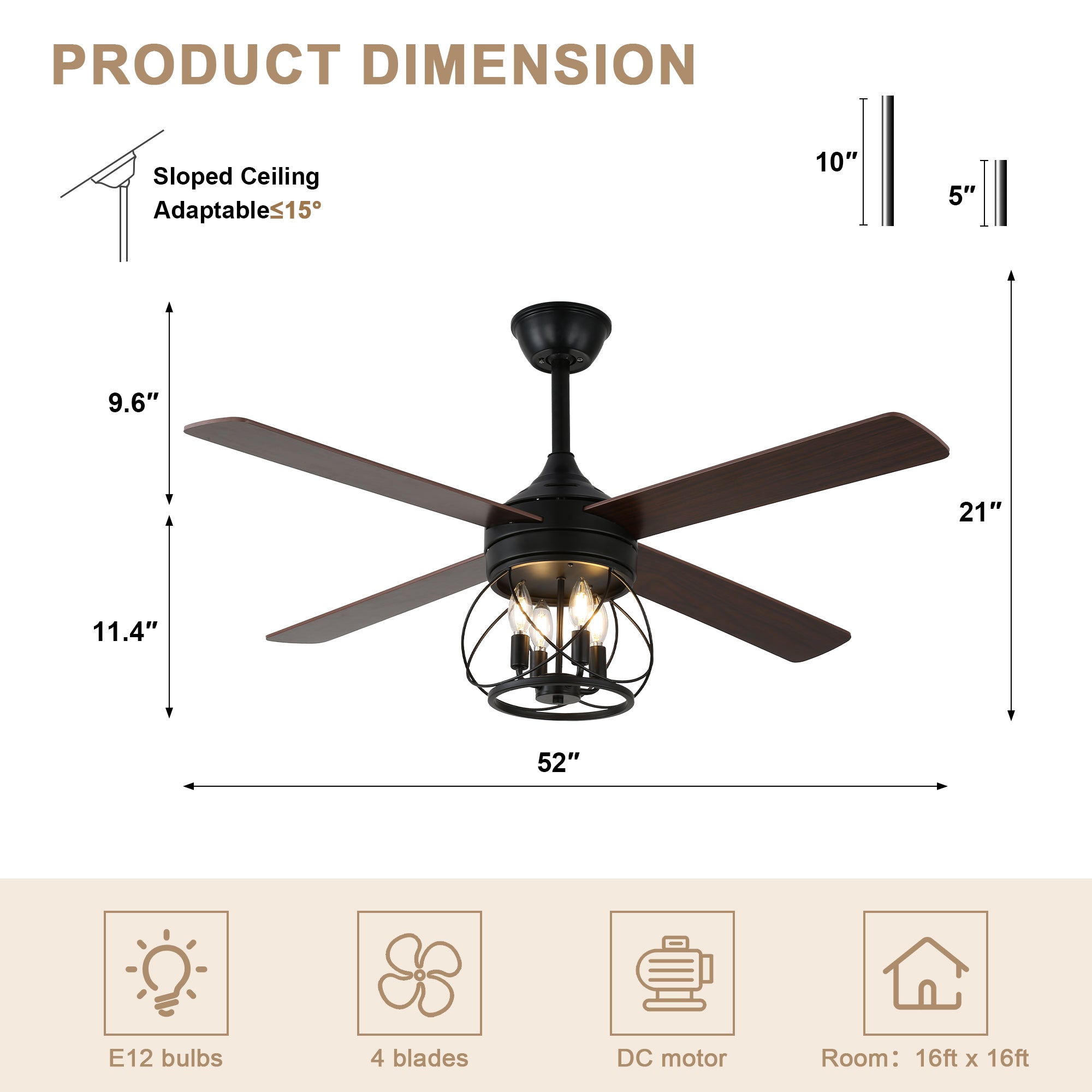 52 Inch Rustic Black Ceiling Fan with Lights and Remote, 6-Speed DC Motor Reversible Farmhouse Industrial Ceiling Fan
