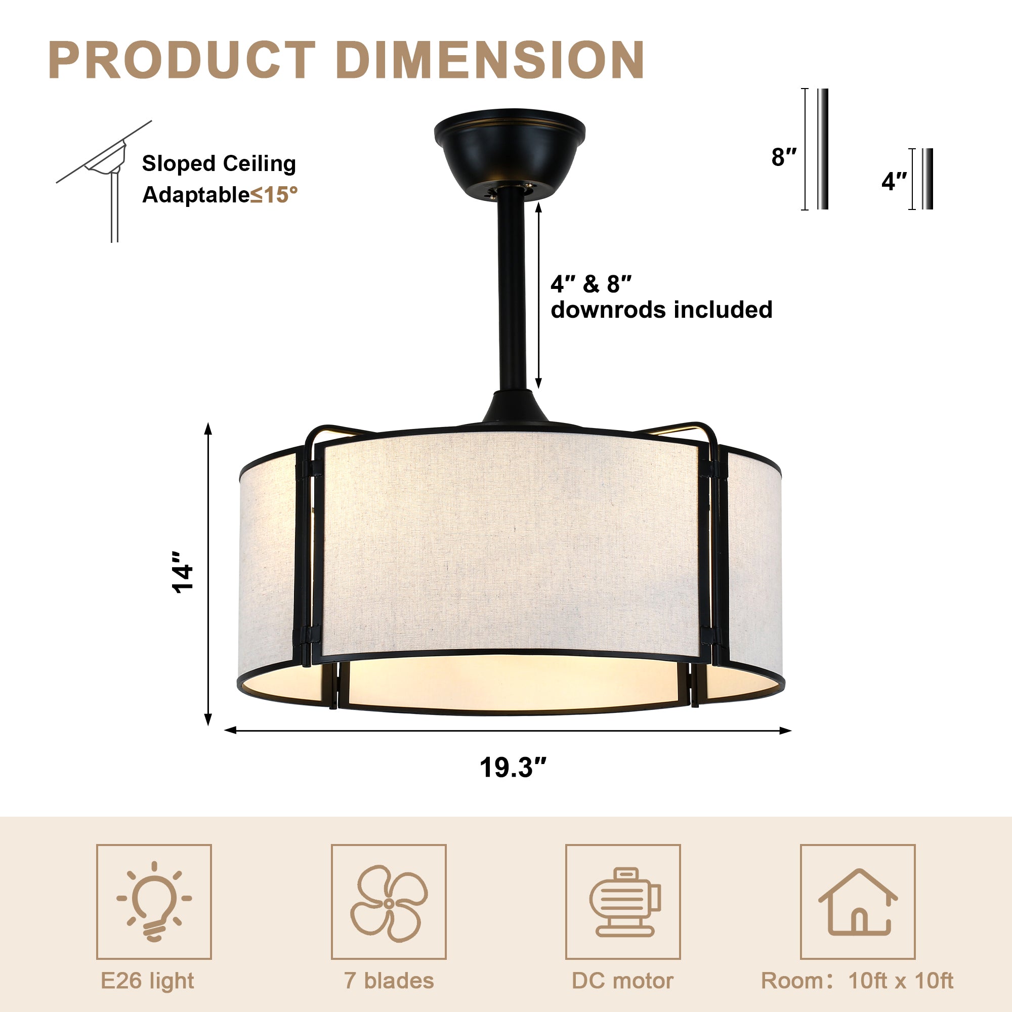 19 Inch Modern Ceiling Fan with Fabric Shade, 6-Speed DC Motor Bladeless Ceiling Fan with Lights and Remote Control for Bedroom