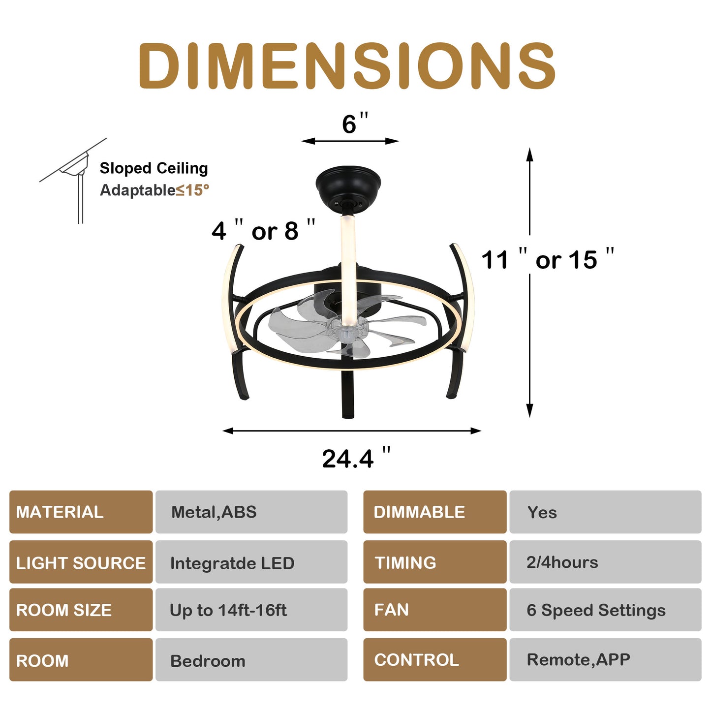 DC2403-24.4" DIY Shape Reversible LED Ceiling Fan with Remote and Light Kit Included