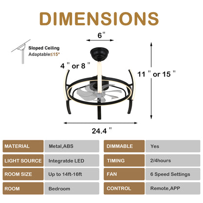 DC2403-24.4" DIY Shape Reversible LED Ceiling Fan with Remote and Light Kit Included