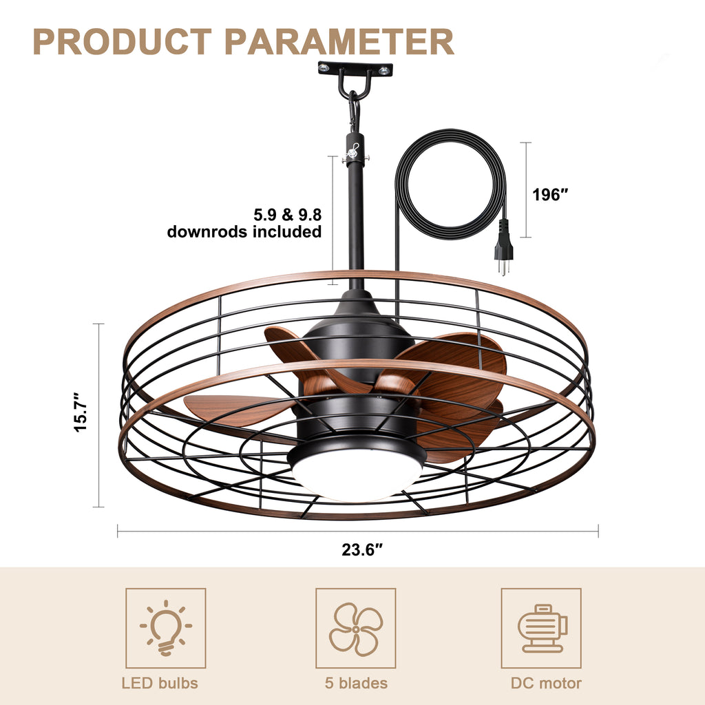 23.6 Inch Black Outdoor Dimmable Ceiling Fan with LED Light and Remote, Farmhouse Reversible 6 Speeds Quiet DC Motor Caged Ceiling Fan for Patio