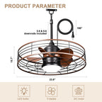 23.6 Inch Black Outdoor Dimmable Ceiling Fan with LED Light and Remote, Farmhouse Reversible 6 Speeds Quiet DC Motor Caged Ceiling Fan for Patio