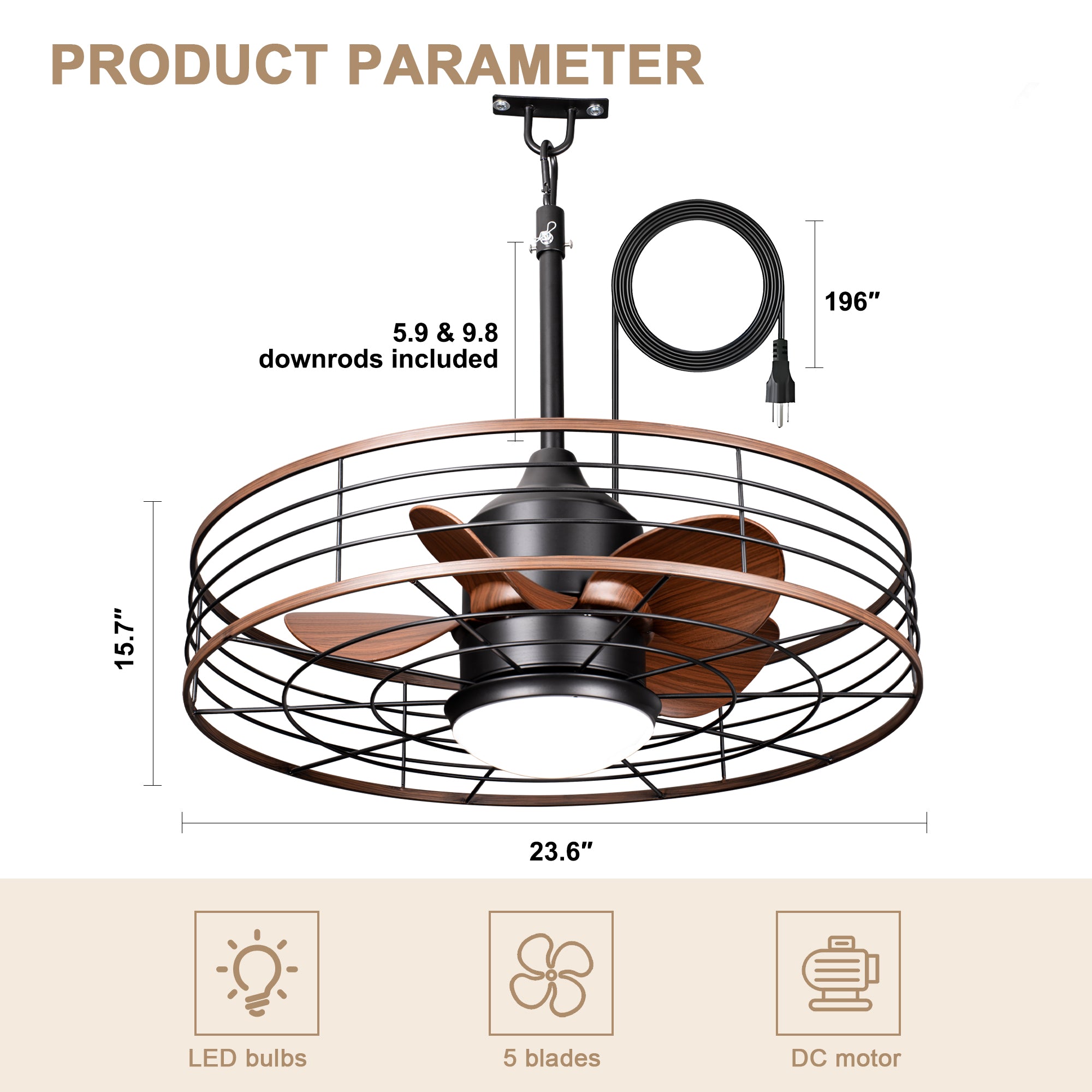 23.6 Inch Black Outdoor Dimmable Ceiling Fan with LED Light and Remote, Farmhouse Reversible 6 Speeds Quiet DC Motor Caged Ceiling Fan for Patio