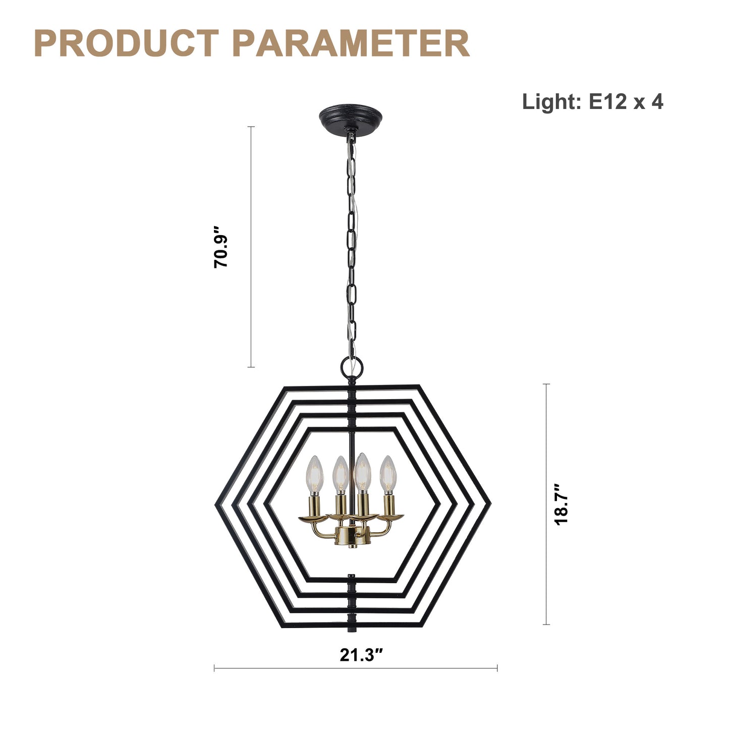 FC4069-21.3" Simple Style Metal Gold Black Color Chandelier with Adjustable Chain, Home Decor