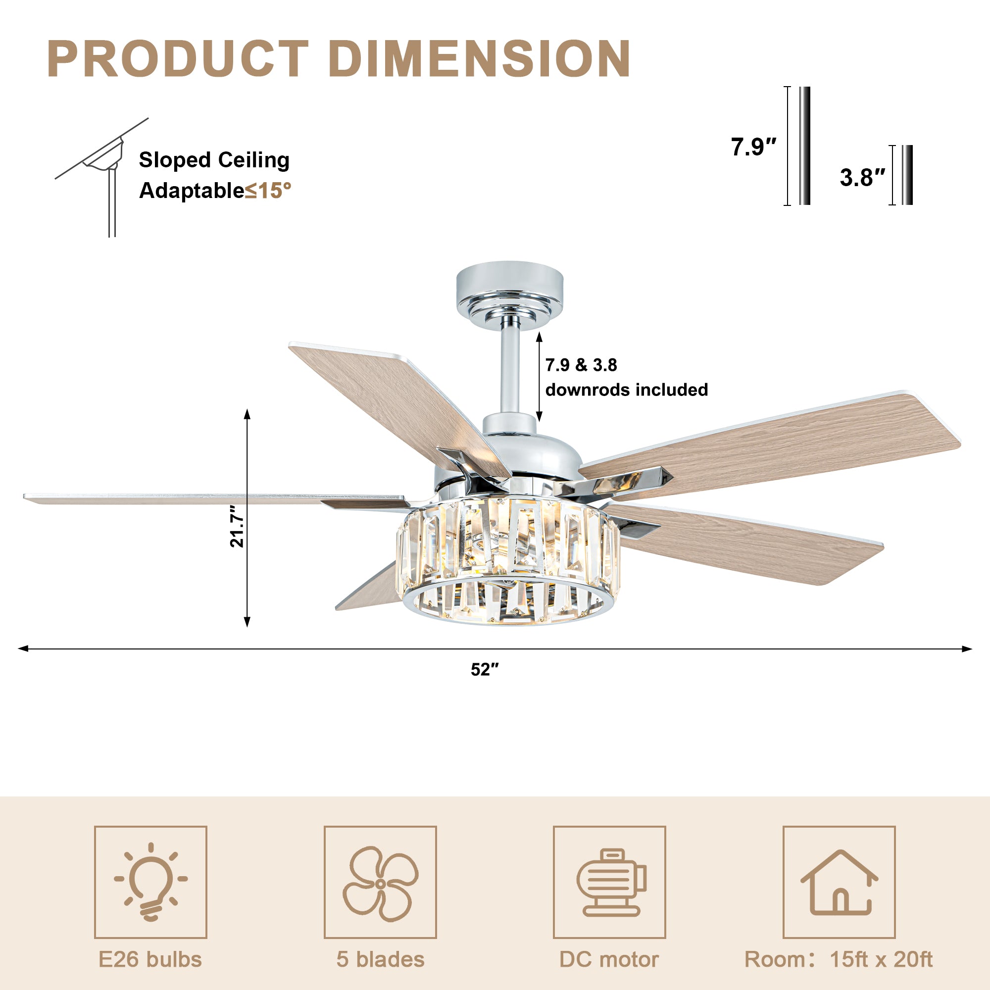 52 Inch Chrome Contemporary Glam Ceiling Fan with Lights and Remote Control, 6 Speeds Reversible Ceiling Fan with Crystals
