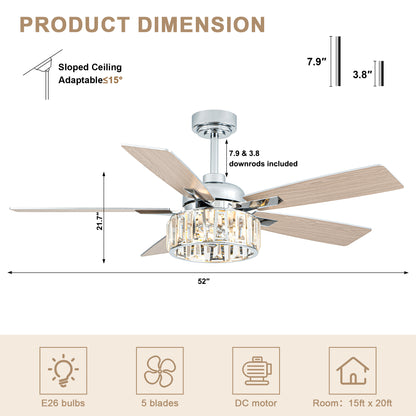 BellaDepot 52" Luxury Crystal Caged Chrome Ceiling Fan with Remote Control, 6 Speeds Ceiling Fan with Lights for Living Room- DC5226-MD