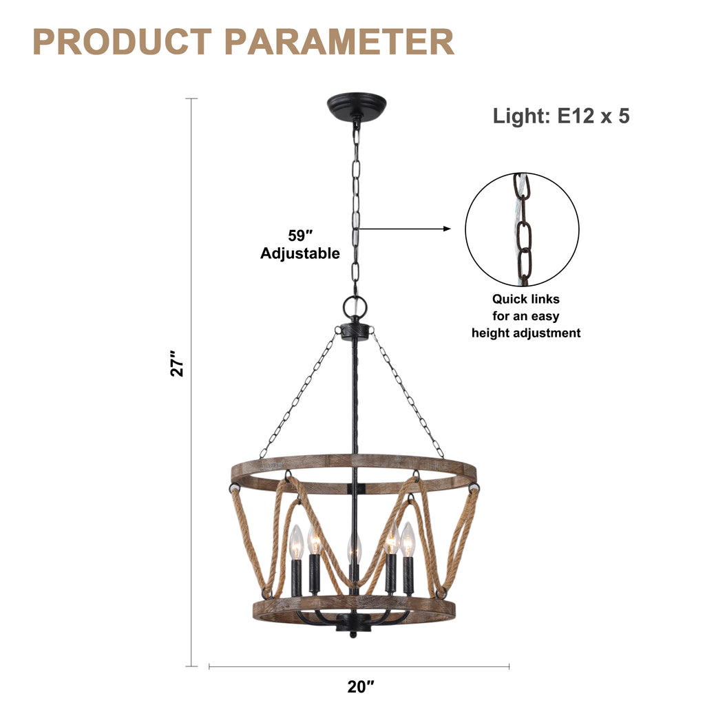 Farmhouse 20 Inch Hemp Rope Hanging Chain Chandelier Metal Wooden Hollow Out Caged Chandeliers Retro Versatile Adjustable Hanging Chain Chandelier Suit for Living Room, Kitchen, Bedroom