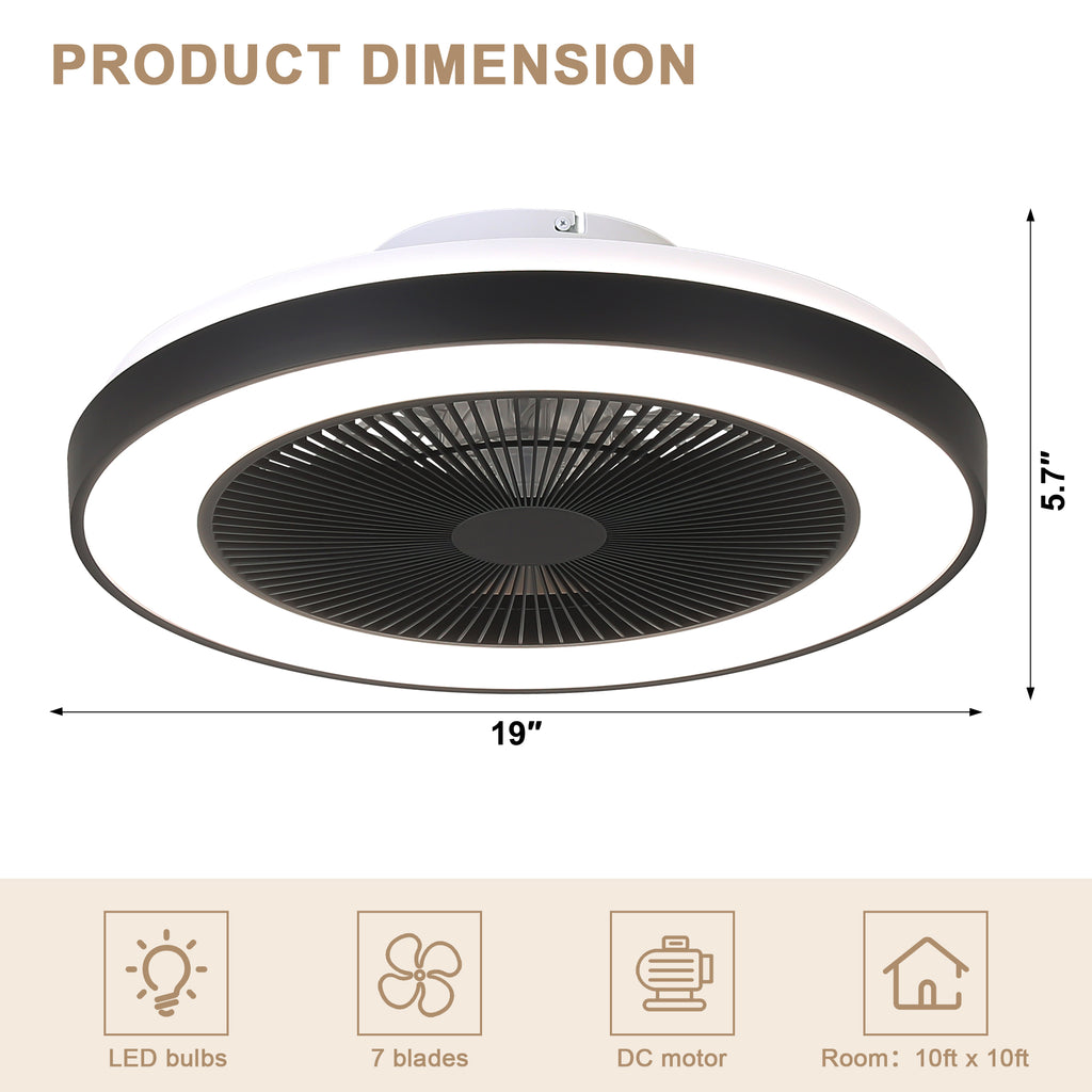19 Inch Modern Smart Flush Mount Ceiling Fan with Dimmable LED Light and Remote, 6 Speeds DC Motor Bladeless Ceiling Fan for Low Profile with RGB Light