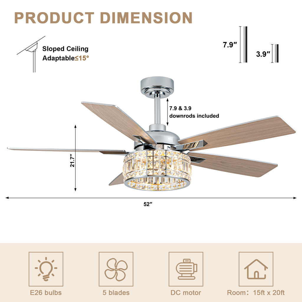 52 Inch Luxury Crystal Caged Chrome Ceiling Fan with Remote, 6-Speed Adjustable, Light Included, Reversible Blades for Living Room & More