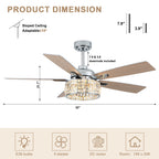 52 Inch Luxury Crystal Caged Chrome Ceiling Fan with Remote, 6-Speed Adjustable, Light Included, Reversible Blades for Living Room & More