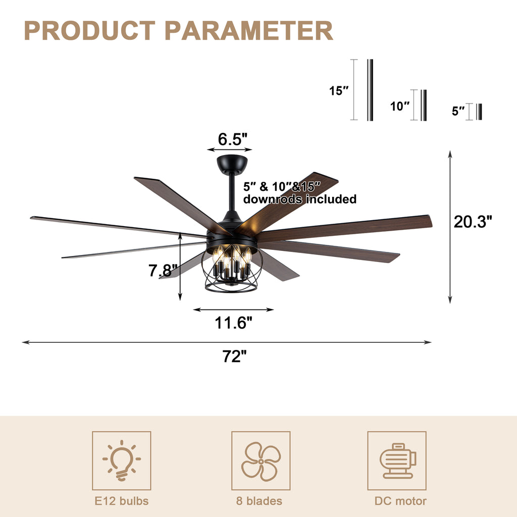 Industrial 72 Inch Large Ceiling Fan with Light Quiet Reversible DC Motor with Remote Control Ceiling Fan Adjustable Downrods Ceiling Fan Suit for Bedroom, Living Room