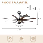 Industrial 72 Inch Large Ceiling Fan with Light Quiet Reversible DC Motor with Remote Control Ceiling Fan Adjustable Downrods Ceiling Fan Suit for Bedroom, Living Room