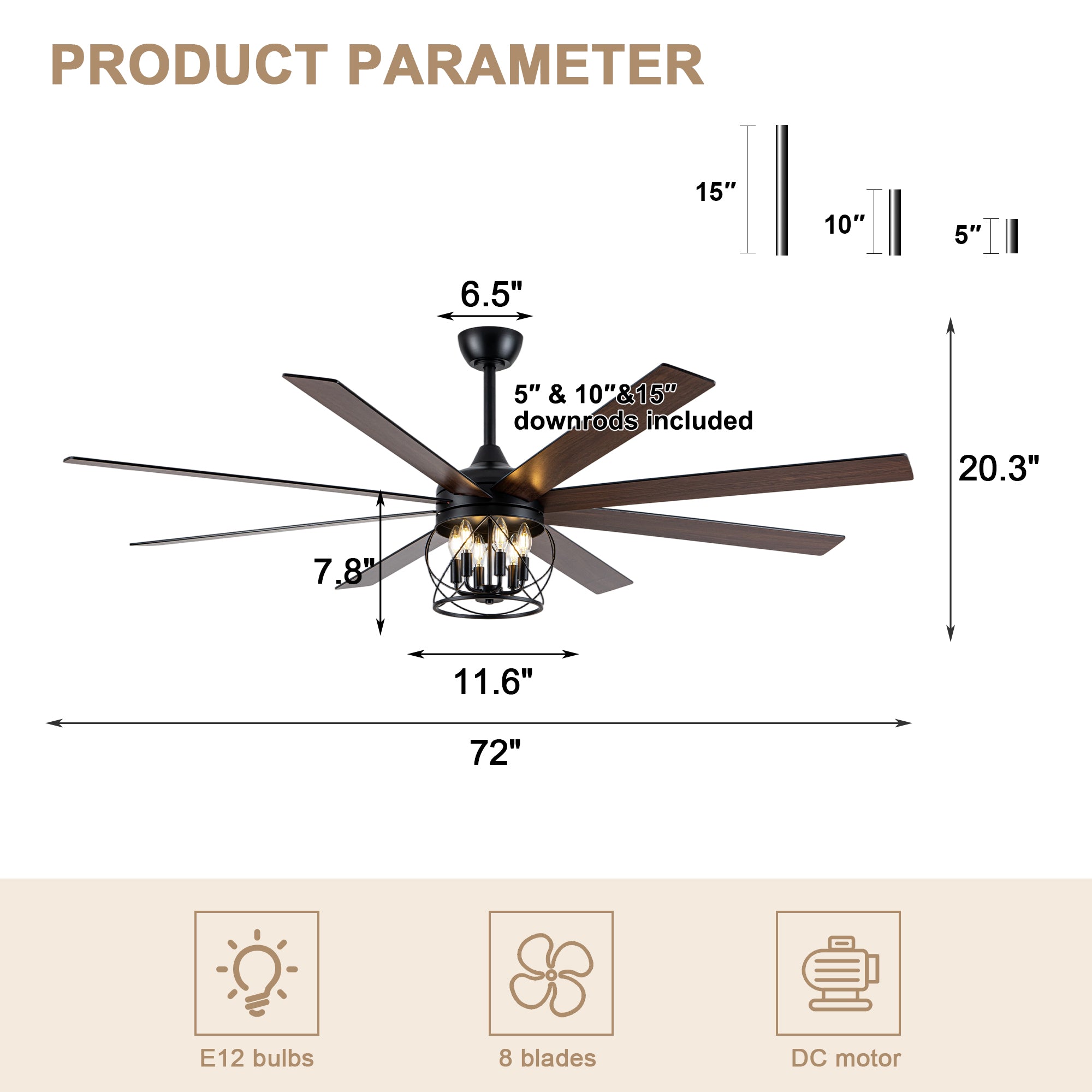Industrial 72 Inch Large Ceiling Fan with Light Quiet Reversible DC Motor with Remote Control Ceiling Fan Adjustable Downrods Ceiling Fan Suit for Bedroom, Living Room