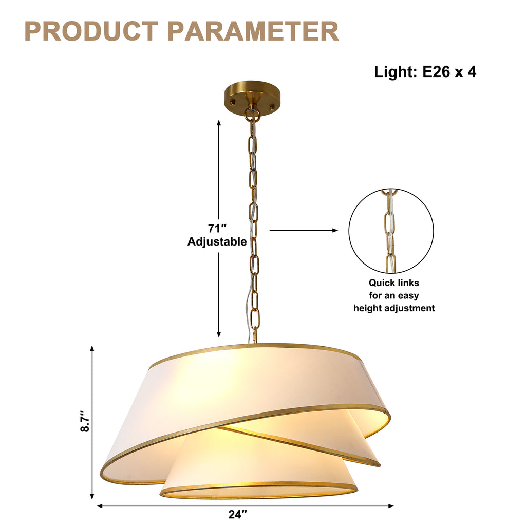 4-Light Mid Century Modern Drum Chandelier, Three-Tier Gold Chandelier with Fabric Shades, Modern Drum Light Fixtures for Dining Room