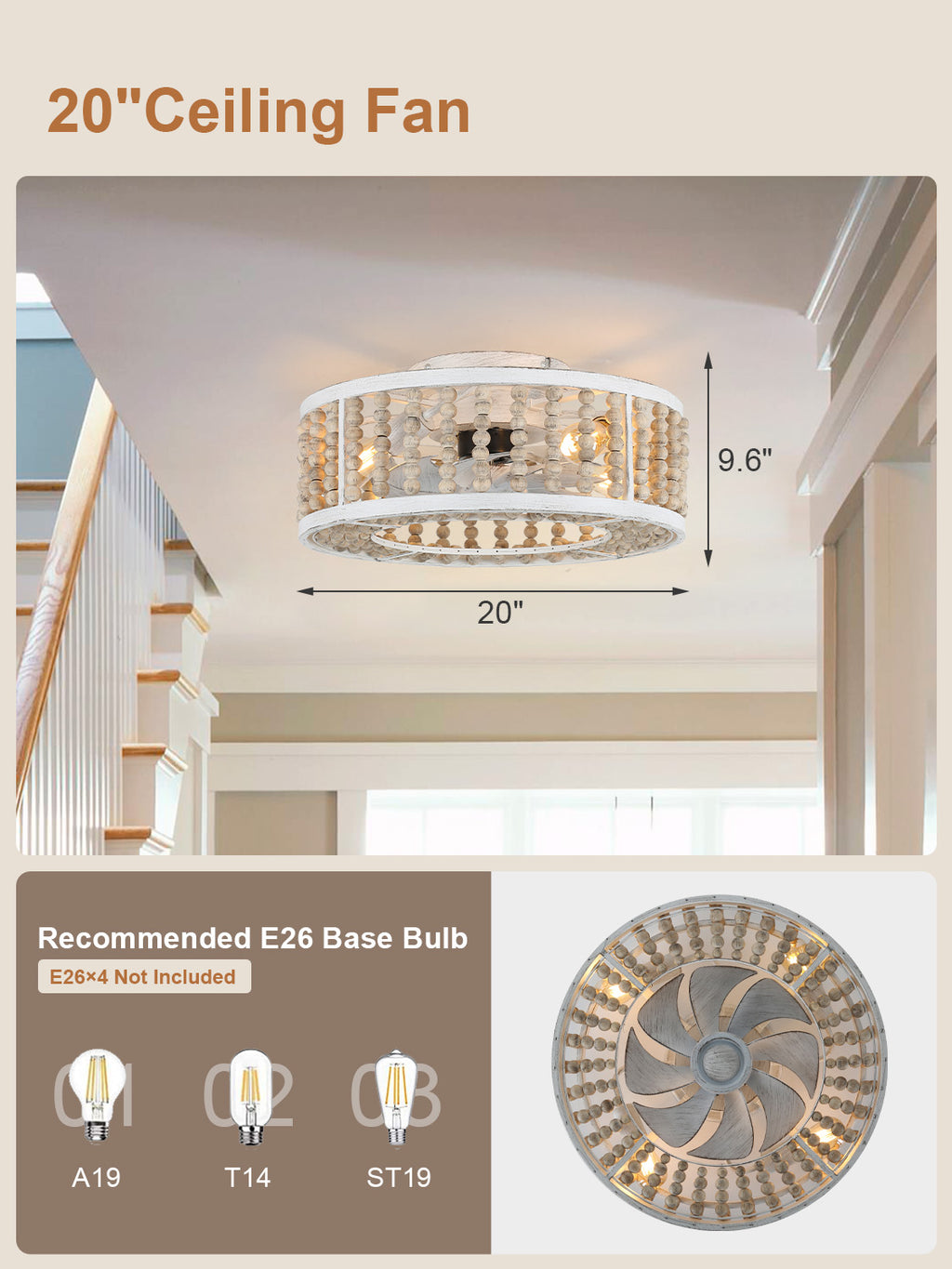 20 Inch Boho Flush Mount Ceiling Fan with Lights and Remote,3 Speeds Reversible Bladeless Low Profile Ceiling Fan for Bedroom