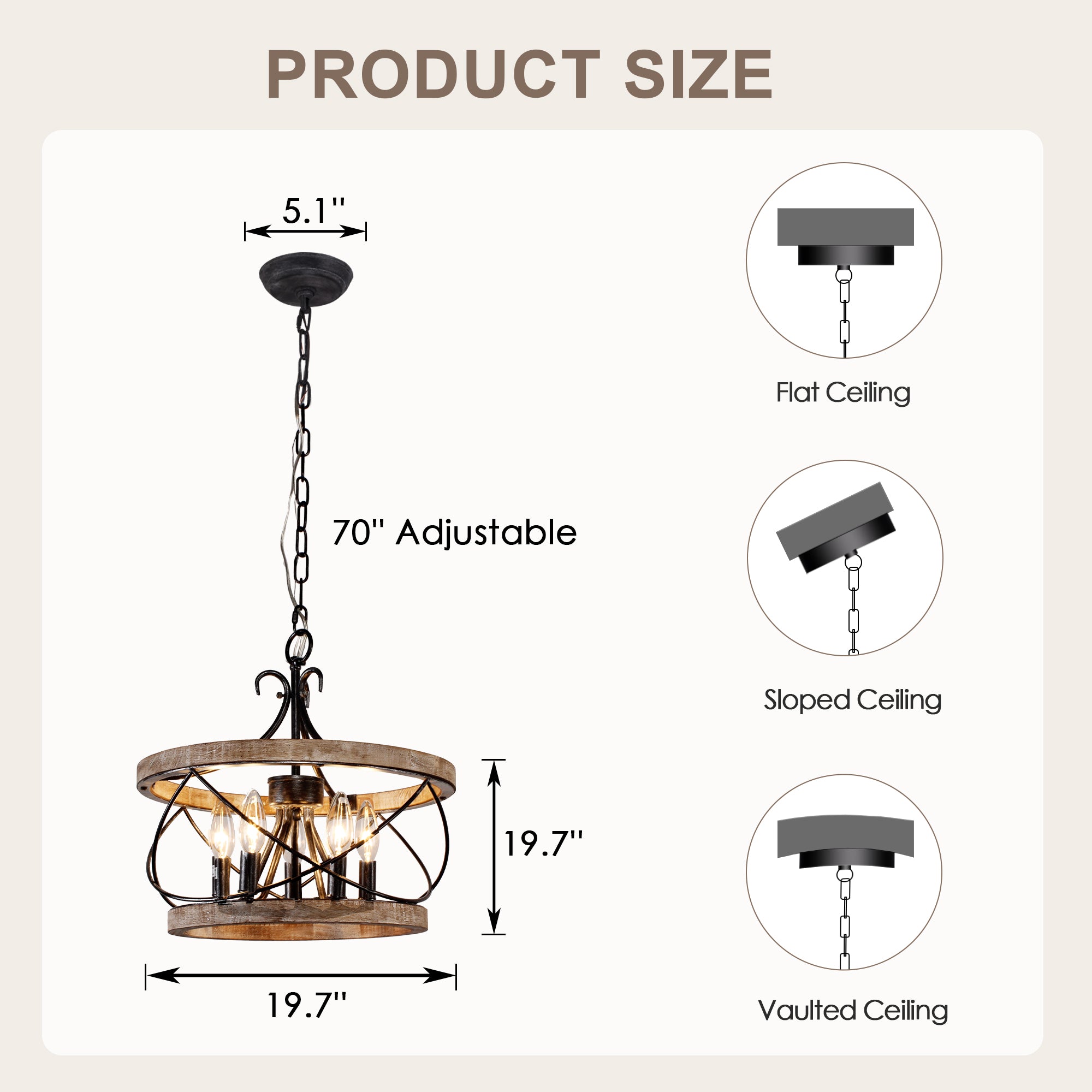 5 - Lights Vintage Caged Drum Chandelier, 20" Farmhouse Wooden Chandelier with Adjustable Chain