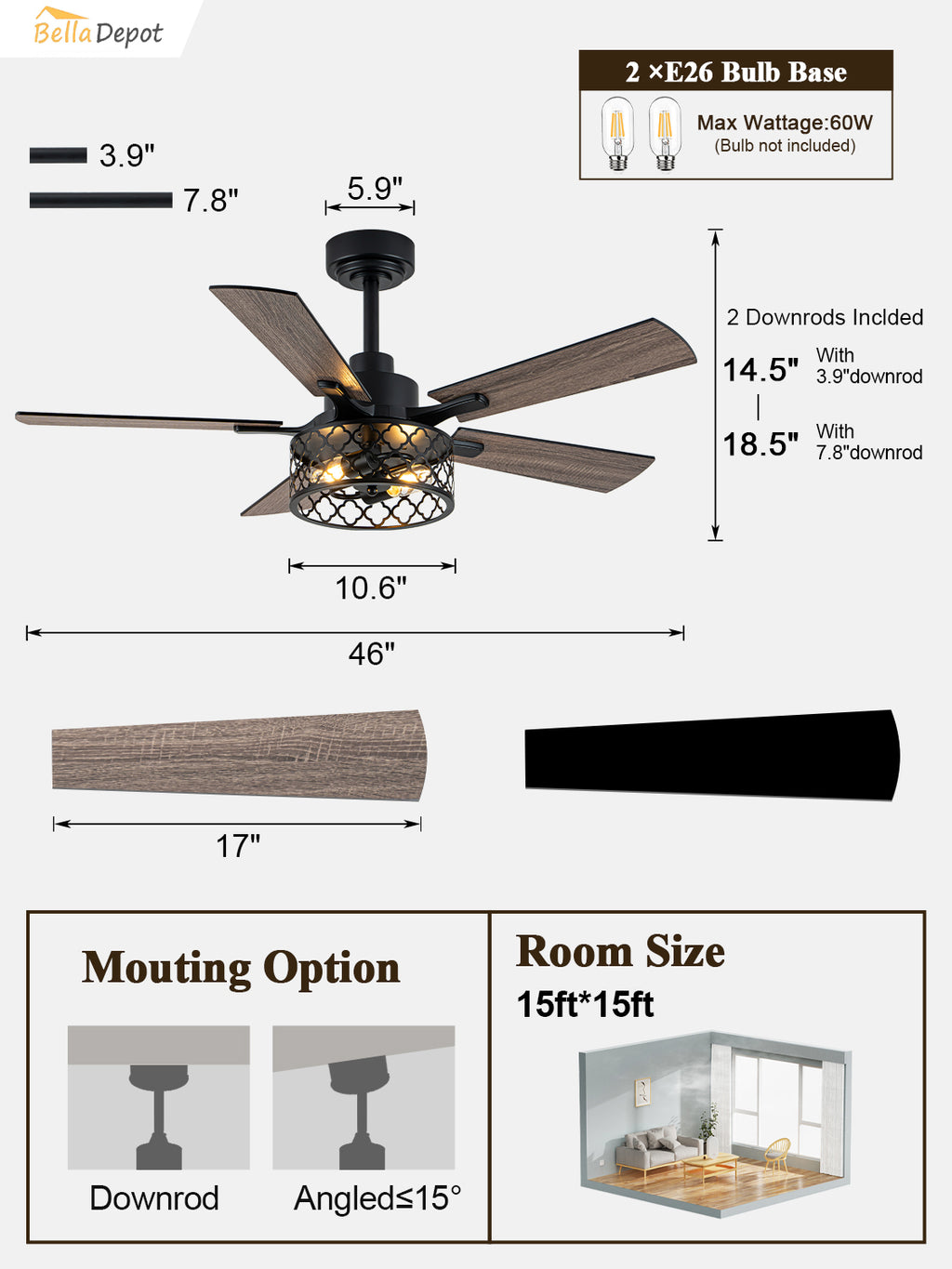46 Inch Farmhouse Caged Ceiling Fan with Light and Remote, 6-Speed DC Motor Reversible Ceiling Fan, Dual-Finish Blades, Adjustable Height