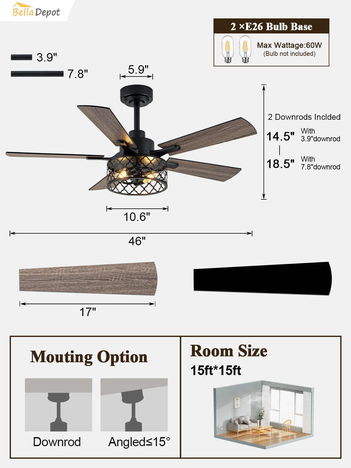 46 Inch Farmhouse Caged Ceiling Fan with Light and Remote, 6-Speed DC Motor Reversible Ceiling Fan, Dual-Finish Blades, Adjustable Height