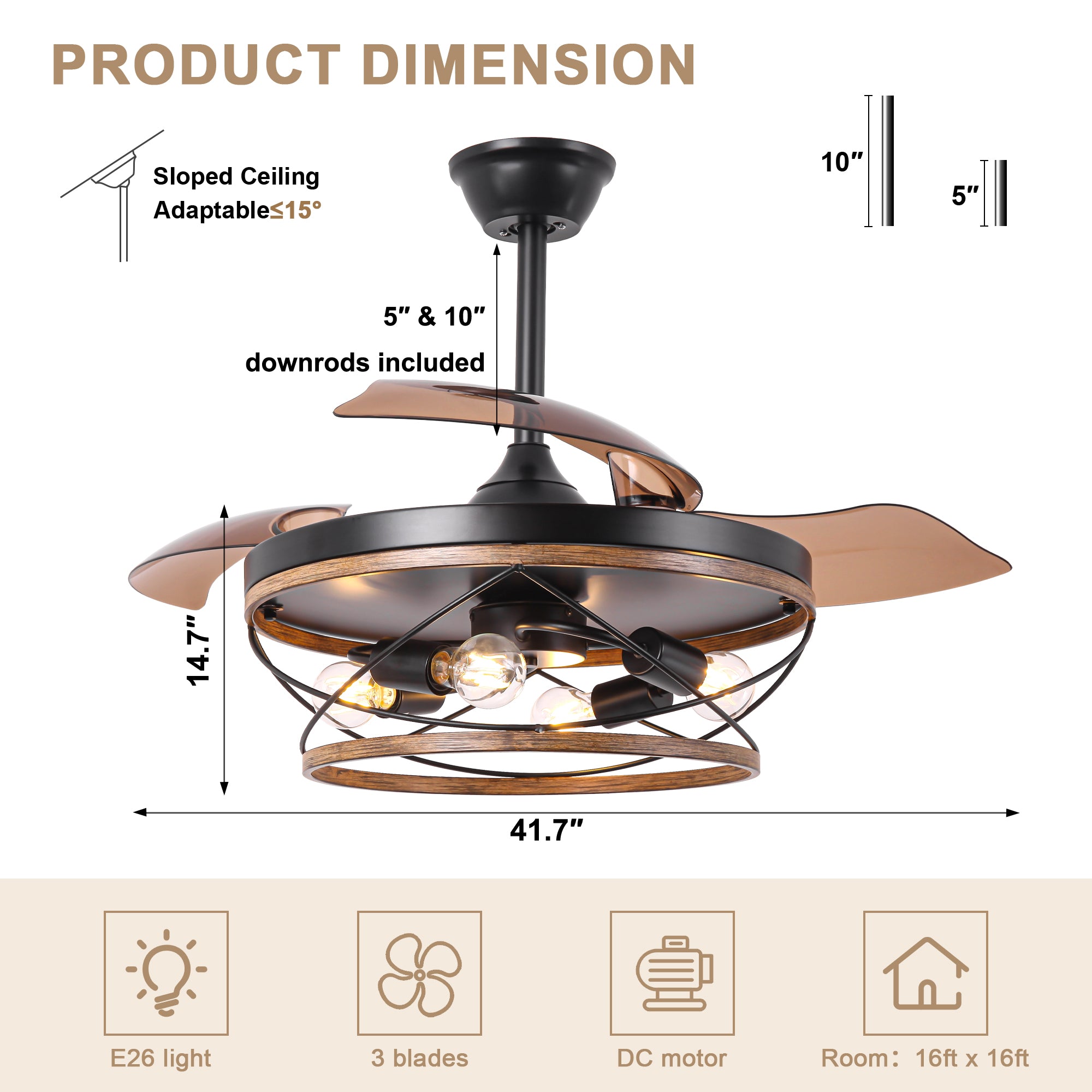 DC4267-BellaDepot 42" Farmhouse Brown Retractable Ceiling Fan with Remote Control, Invisible Blades Ceiling Fan with Lights
