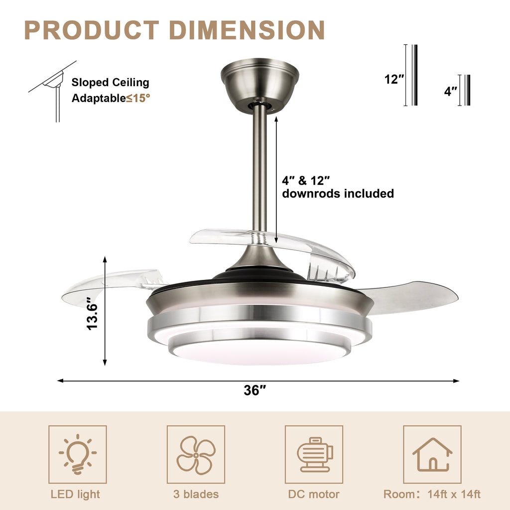 36 Inch Chrome Modern Retractable Ceiling Fan with LED Light and Remote, 6 Speeds DC Motor Bladeless Fandelier Ceiling Fan