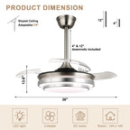 36 Inch Chrome Modern Retractable Ceiling Fan with LED Light and Remote, 6 Speeds DC Motor Bladeless Fandelier Ceiling Fan