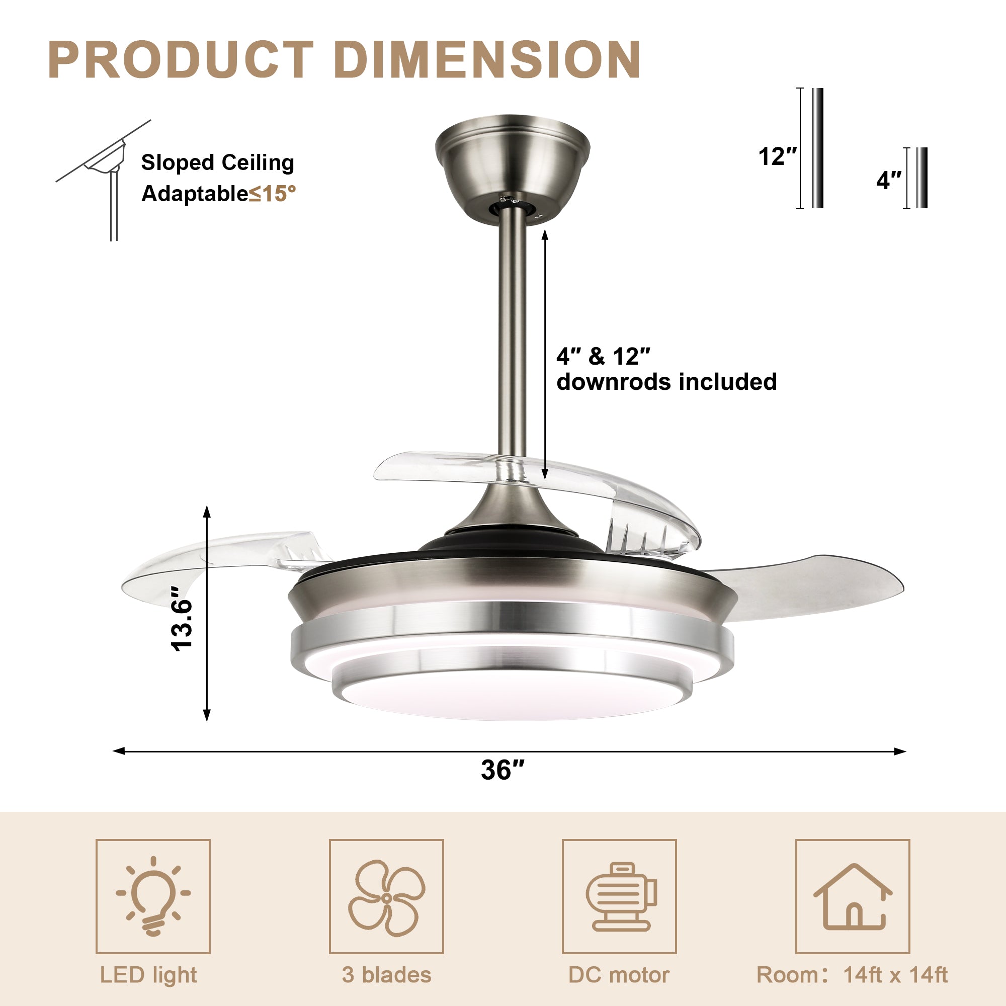 36 Inch Chrome Modern Retractable Ceiling Fan with LED Light and Remote, 6 Speeds DC Motor Bladeless Fandelier Ceiling Fan
