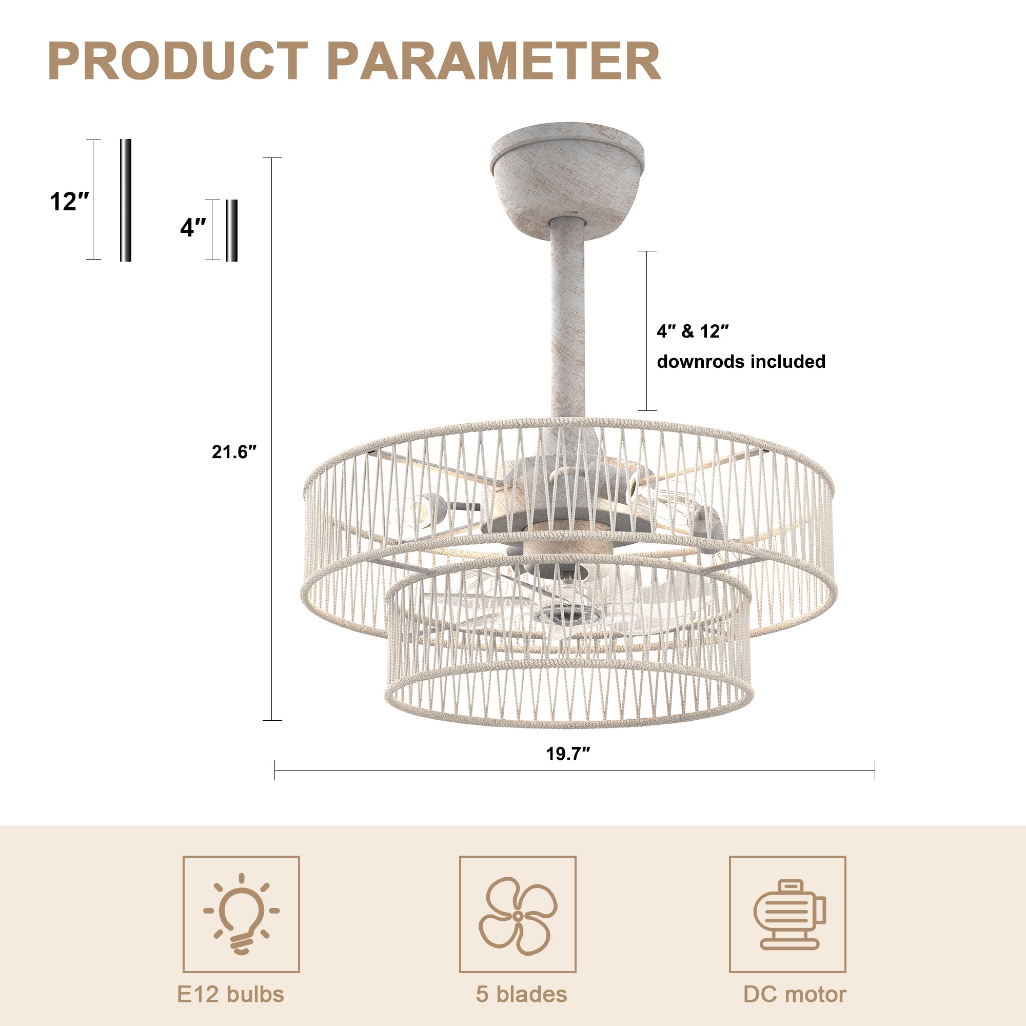 DC2030-BellaDepot 19.7" Hokkaido Distressed White Finish Simple Style Reversible Ceiling Fan with Remote and 4 Lights, 6-speed Bladeless Ceiling Fan