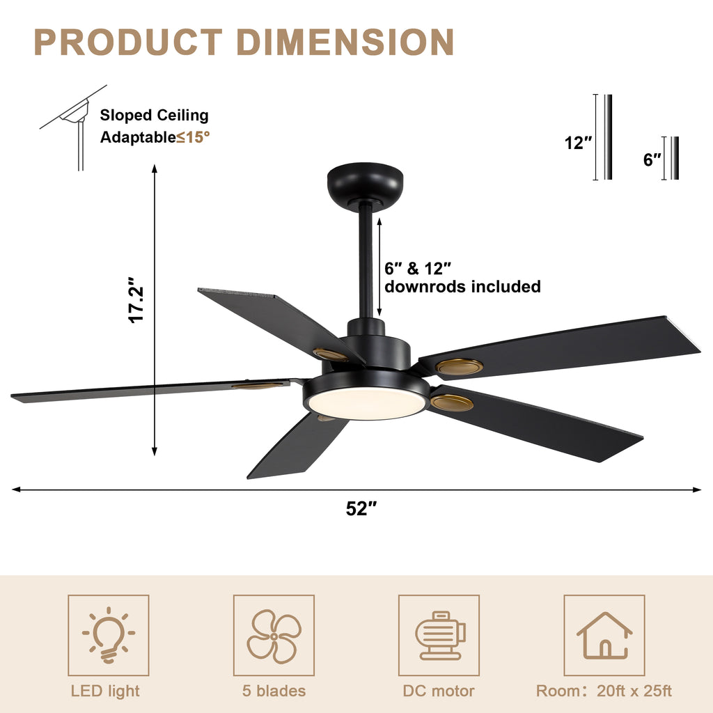 52 Inch Modern LED Ceiling Fan with Light and Remote,6 Speeds DC Motor Reversible Ceiling Fan for Living Room