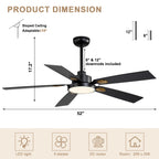 52 Inch Modern LED Ceiling Fan with Light and Remote,6 Speeds DC Motor Reversible Ceiling Fan for Living Room