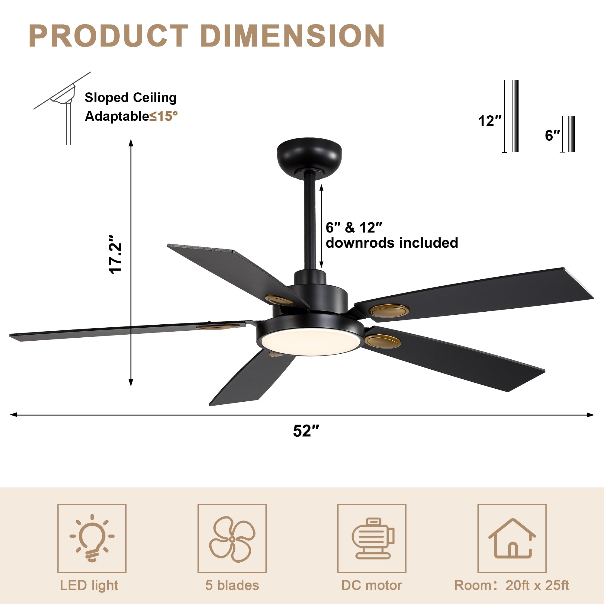 52 Inch Modern LED Ceiling Fan with Light and Remote,6 Speeds DC Motor Reversible Ceiling Fan for Living Room