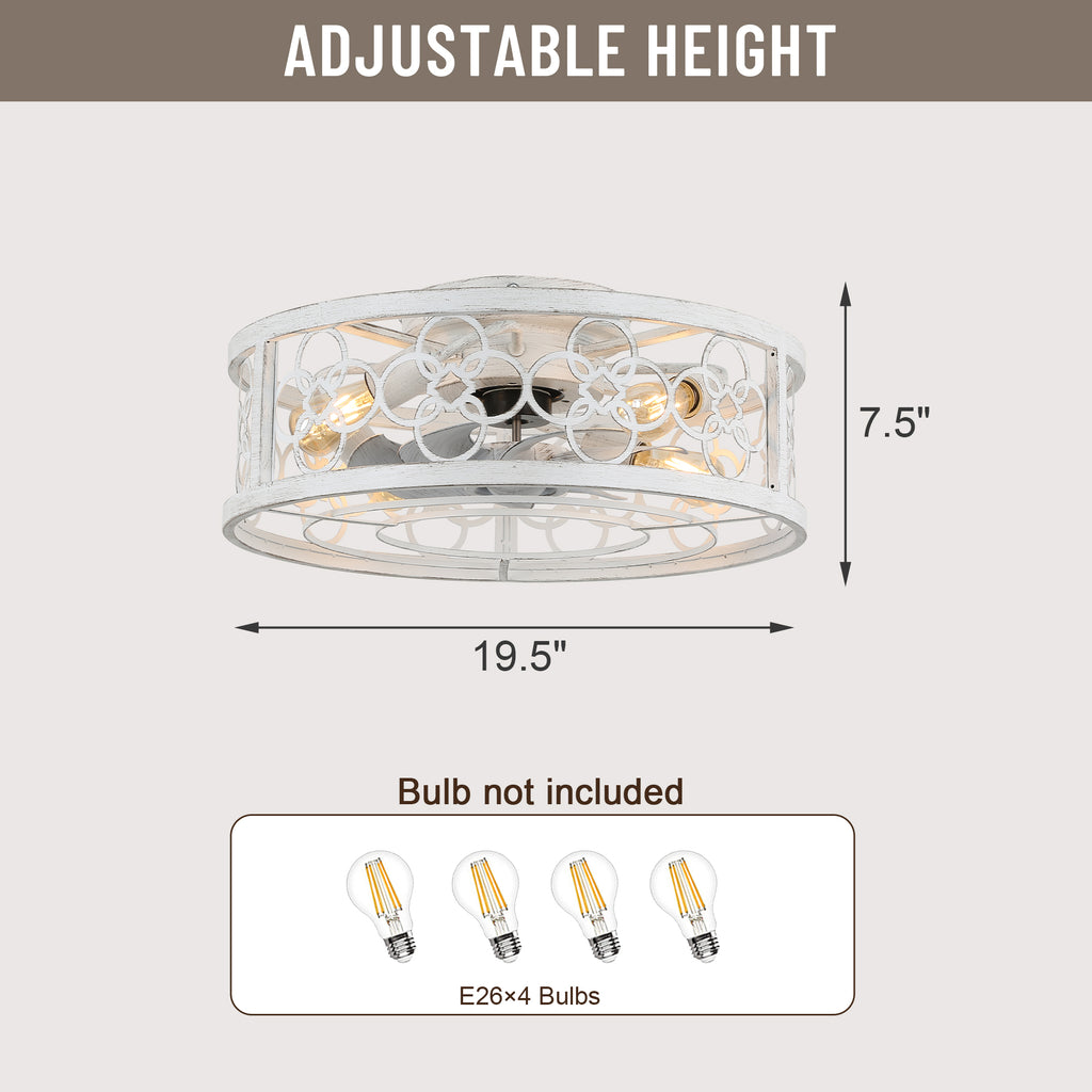 20 Inch Farmhouse Distressed White Flush Mount Caged Ceiling Fan with Lights and Remote, 3 Speeds Reversible Bladeless Fandelier Ceiling Fan