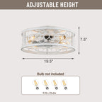 20 Inch Farmhouse Distressed White Flush Mount Caged Ceiling Fan with Lights and Remote, 3 Speeds Reversible Bladeless Fandelier Ceiling Fan