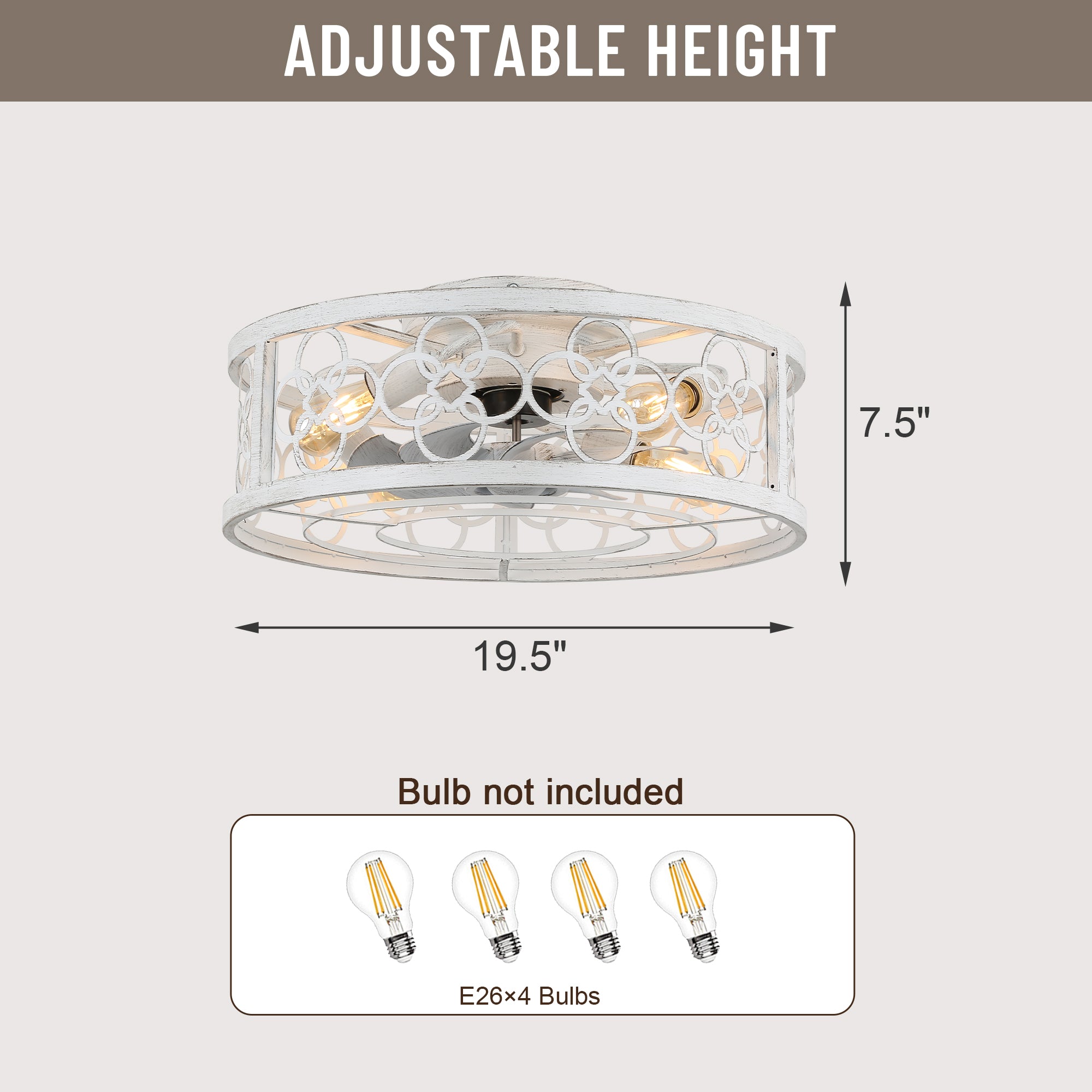 20 Inch Farmhouse Distressed White Flush Mount Caged Ceiling Fan with Lights and Remote, 3 Speeds Reversible Bladeless Fandelier Ceiling Fan