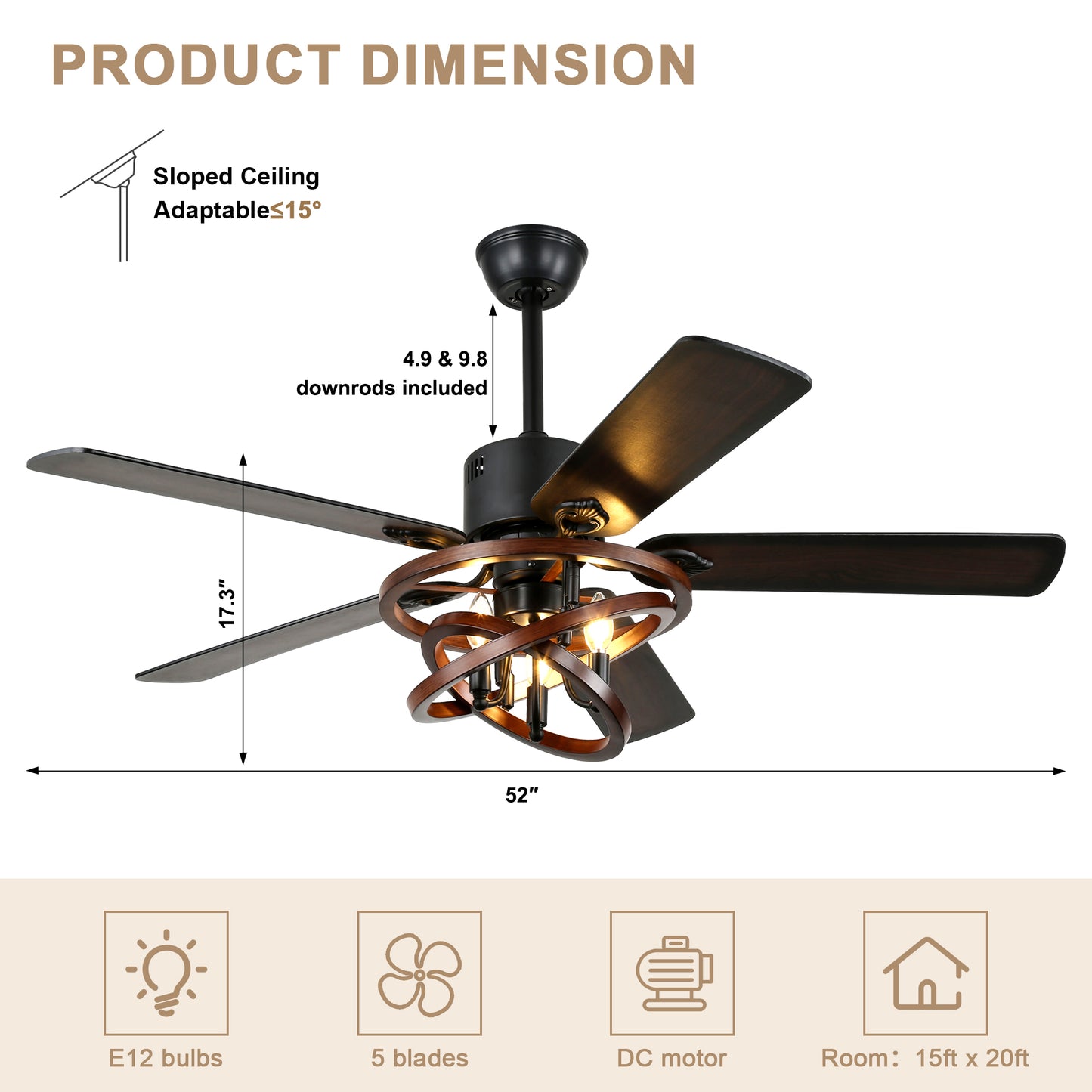 BellaDepot 52" Farmhouse Brown Ceiling Fan with Remote Control, 5 Blades Standard Ceiling Fan with Lights - DC5219