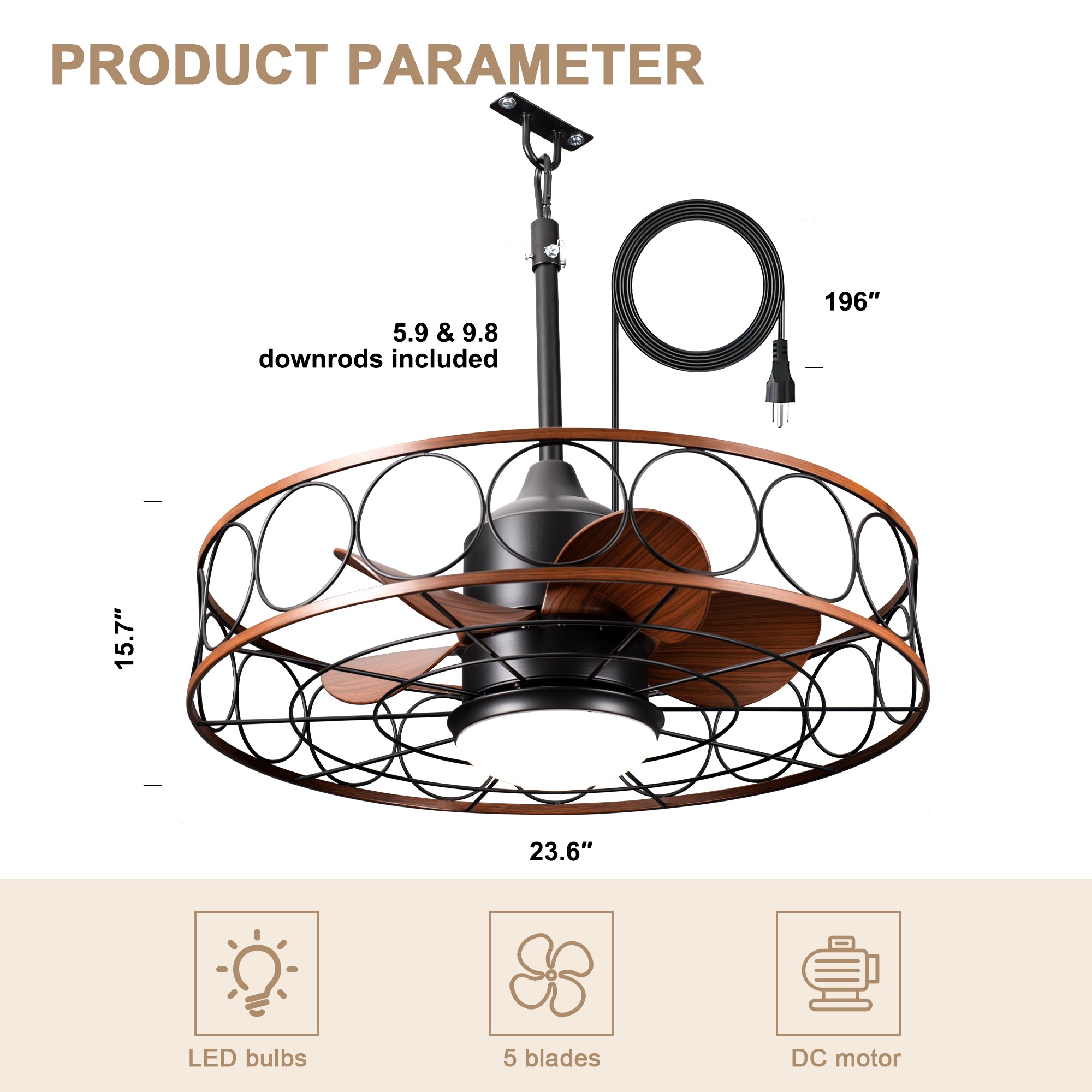 HW2309-BellaDepot 23.6" Industrial Outdoor Caged Ceiling Fan with Remote and LED Lights, DC Motor 6 Speeds Ceiling Fan