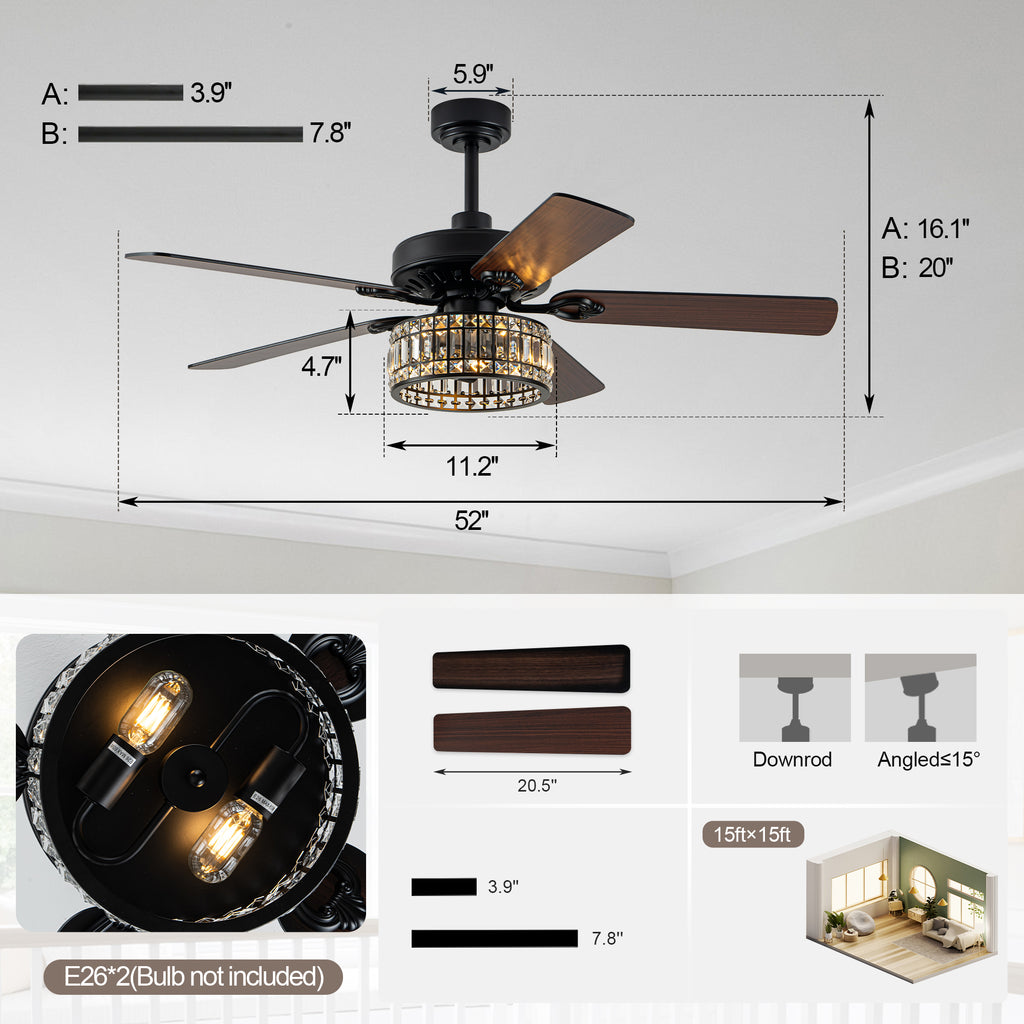 52" Black Modern Glam Crystal Ceiling Fan with Lights and Remote, 6-Speed Reversible Caged Chandelier Ceiling Fan for Large Room