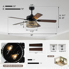 52" Black Modern Glam Crystal Ceiling Fan with Lights and Remote, 6-Speed Reversible Caged Chandelier Ceiling Fan for Large Room