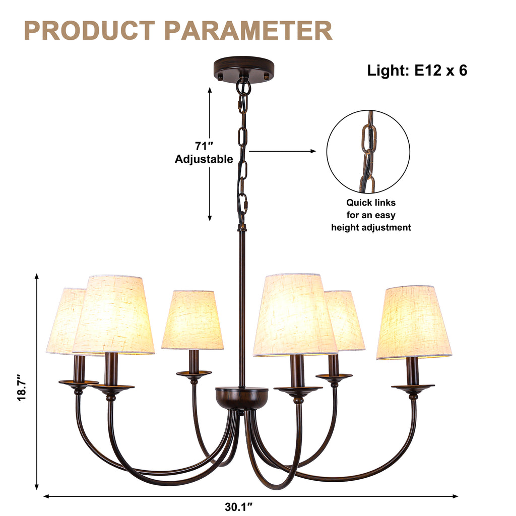 6-Light Black Farmhouse Chandelier with Fabric Shades, 30 Inch Classic Dining Room Light Fixture, Adjustable Pendant Lighting for Kitchen Island