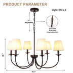 6-Light Black Farmhouse Chandelier with Fabric Shades, 30 Inch Classic Dining Room Light Fixture, Adjustable Pendant Lighting for Kitchen Island