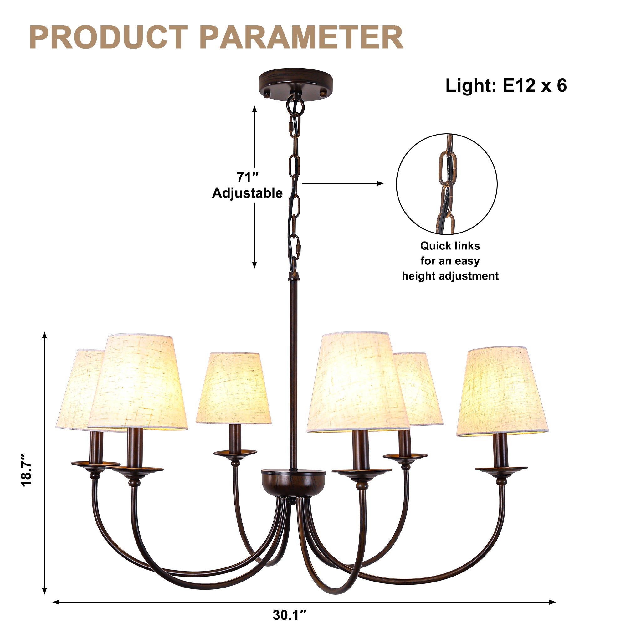6-Light Black Farmhouse Chandelier with Fabric Shades, 30 Inch Classic Dining Room Light Fixture, Adjustable Pendant Lighting for Kitchen Island