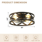 20 Inch Black Industrial Ceiling Fan with Light and Remote, 6-Speed DC Motor Bladeless Ceiling Flush Mount & Downrod Options