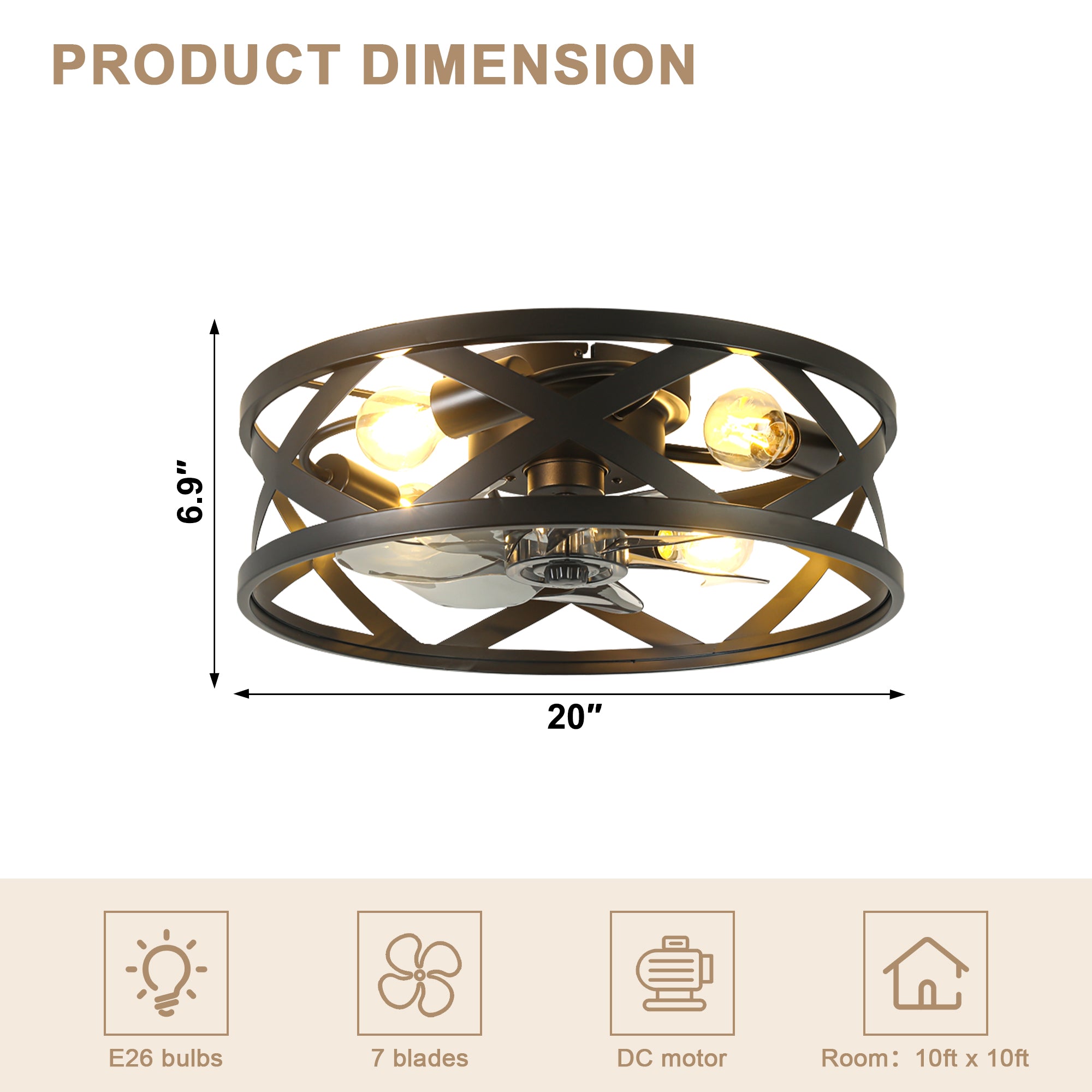 20 Inch Black Industrial Ceiling Fan with Light and Remote, 6-Speed DC Motor Bladeless Ceiling Flush Mount & Downrod Options