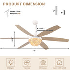 65 Inch White Bohemian  Ceiling Fan with Lights and Remote, 6 Speeds DC Motor Reversible Large Ceiling Fan for Living Room