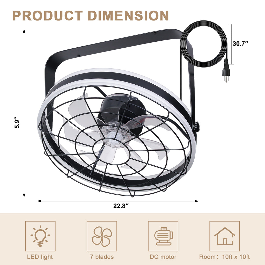 23 Inch Black Modern Wall Mounted Caged Ceiling Fan with Dimmable LED Lights and Remote, 6 Speeds Plug In Bladeless Ceiling Fan